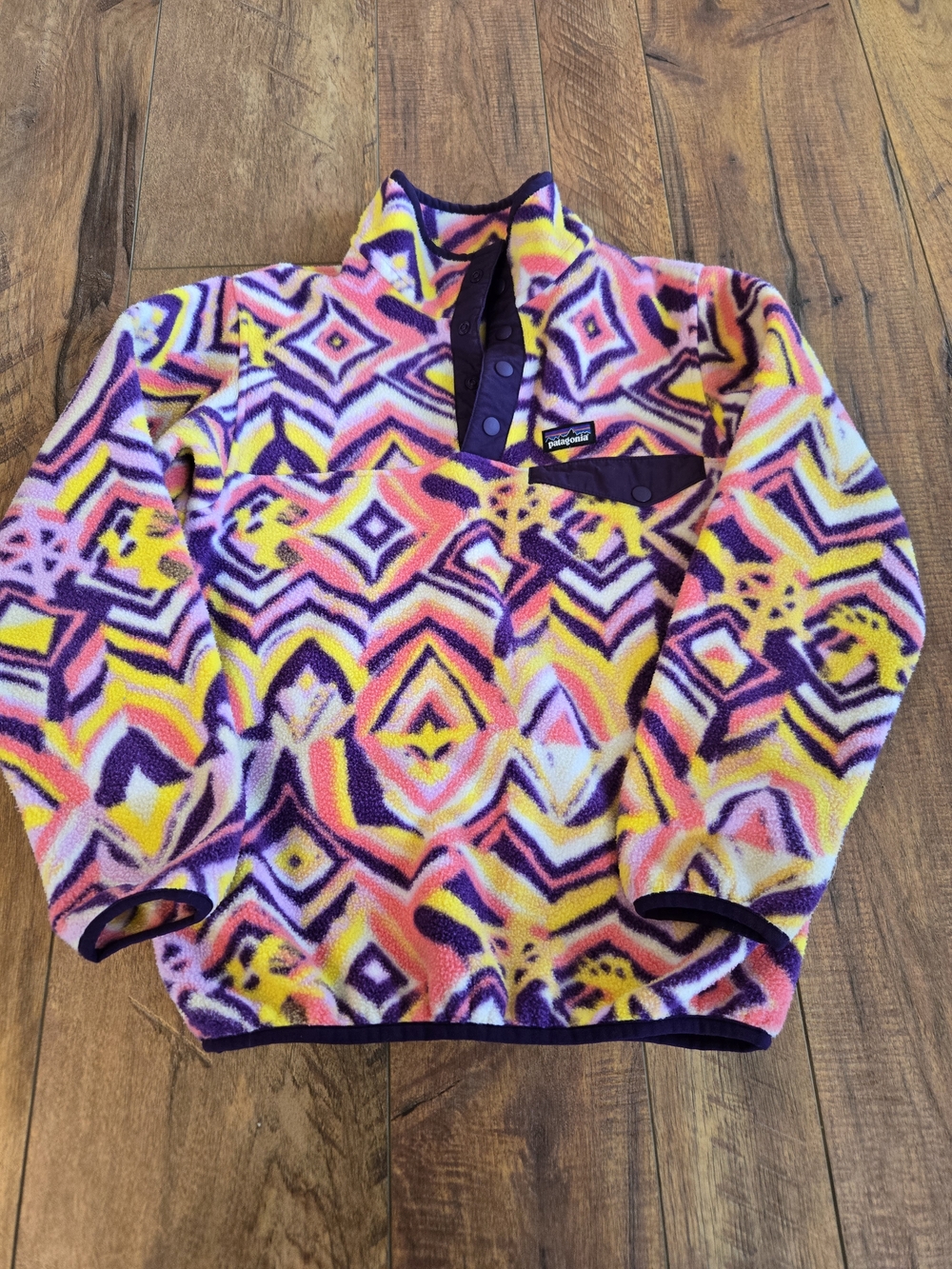 Patagonia Kids Pink Yellow Purple Geometric Fleece Pullover